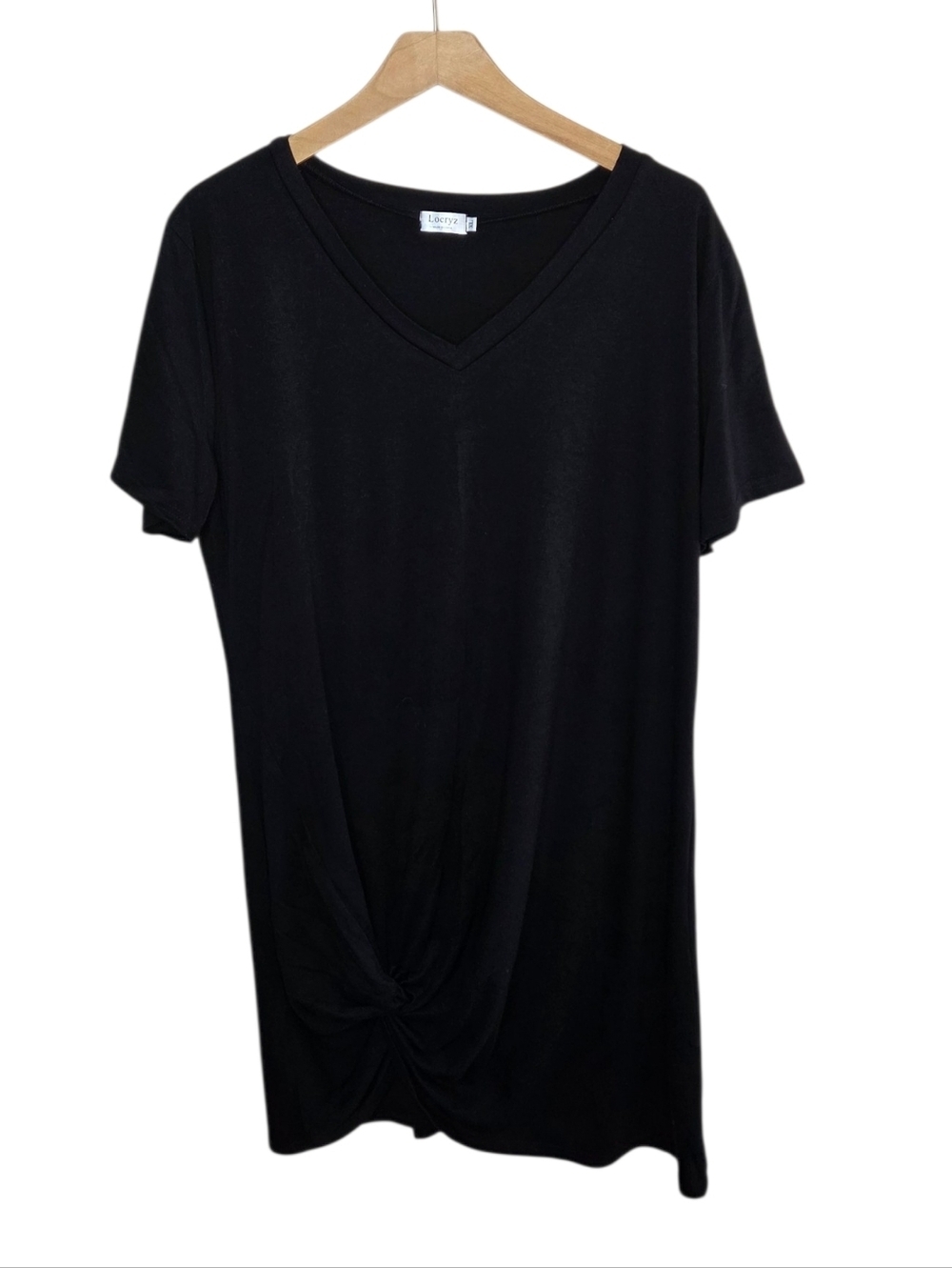 Locryz Black V-neck Knotted Hem Short Sleeve T-Shirt Dress Size XL Casual Basic